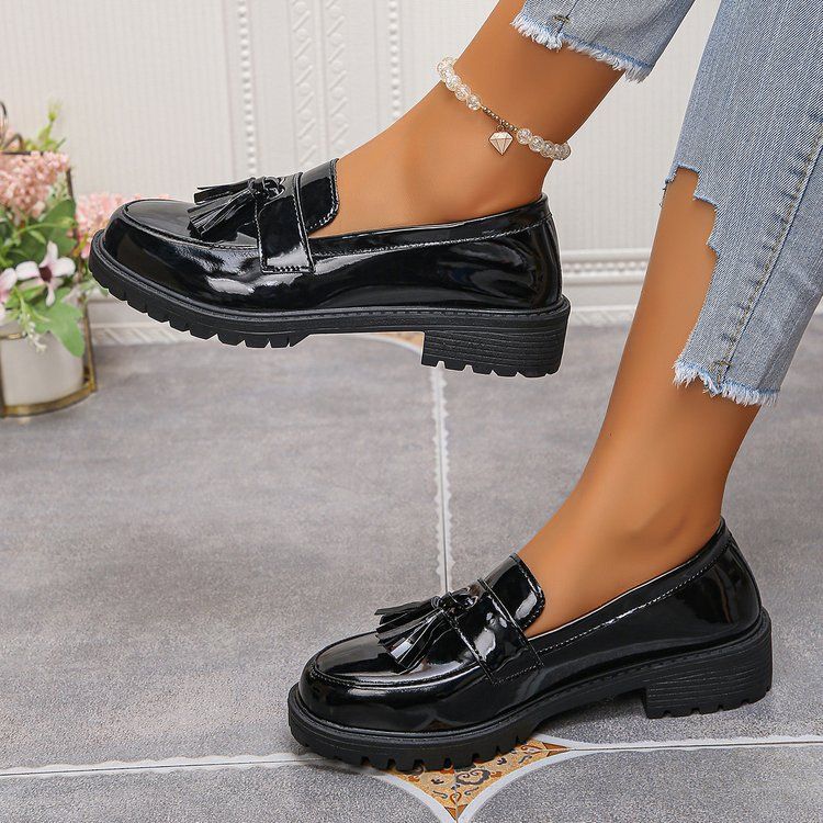New Platform Small Leather Shoes A Slip-on Fringe Loafers Single Shoes_voghion.com