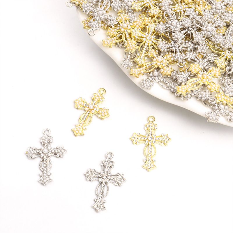 Anhänger aus Legierung mit eingelegter Perle im gotischen Stil, religiöser Anhänger zum Selbermachen von Schmuckzubehör für Armbänder, Halsketten und Ohrringe_voghion.com