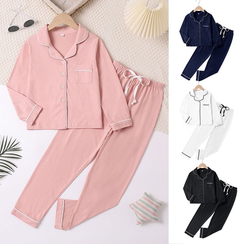 Conjunto de traje para casa de Color sólido, totalmente de algodón, con solapa, pijamas familiares de manga larga para niños, primavera y otoño_voghion.com