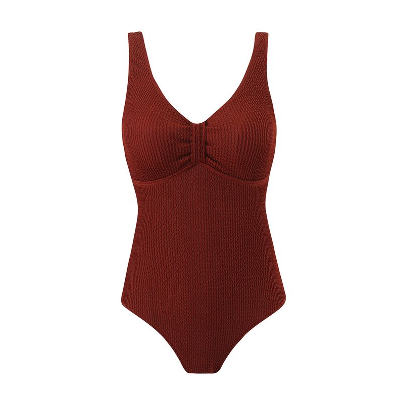 Traje de baño de una pieza de color sólido para mujer, estilo conservador, para vacaciones en la playa y aguas termales._voghion.com
