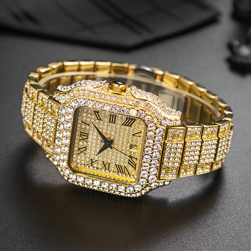 Men's Fashion Square Watch With Full Diamond Accents, Roman Numerals, And Quartz Movement - Waterproof, Stainless Steel Band, Mineral Glass_voghion.com