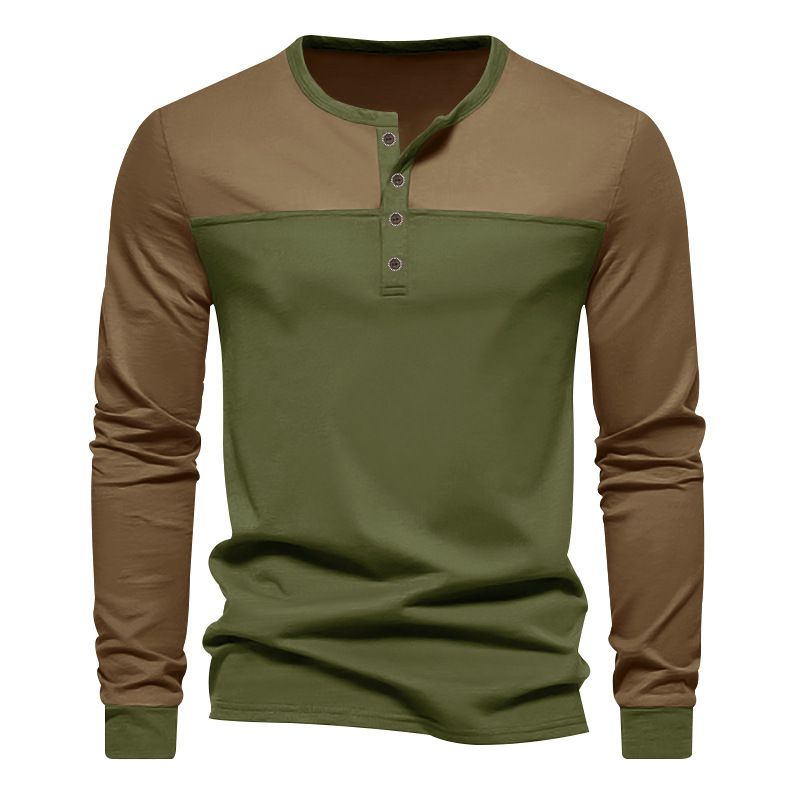 Men's Retro Two-Tone Henley Neck Long Sleeve T-Shirt - Breathable Polyester Blend, Relaxed Fit For Casual & Everyday Wear_voghion.com