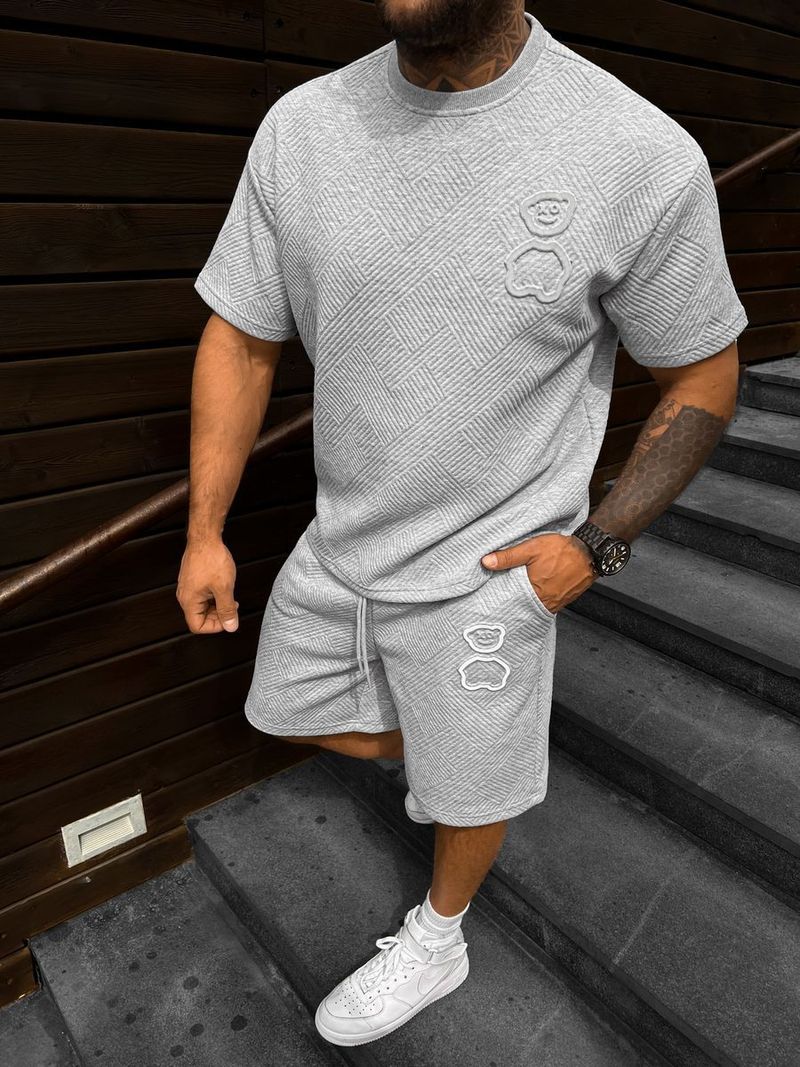 Men's Clothing Summer New Casual Suit Men's Short Sleeved Shorts Suit Solid Color Textured T Shirt Shorts Suit_voghion.com