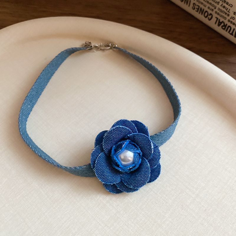 Mild og søt denimblomst perle nisje choker temperament, halskjede, lett luksus, eksklusivt tilbehør_voghion.com