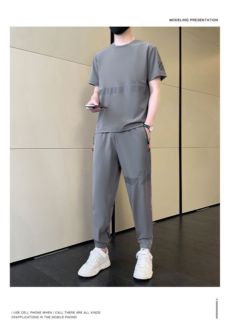 Vêtements pour hommes, combinaison de sport en soie glacée, pantalon d'été ample et respirant à manches courtes, décontracté, fin, séchage rapide, pour course à pied, trois pièces_voghion.com