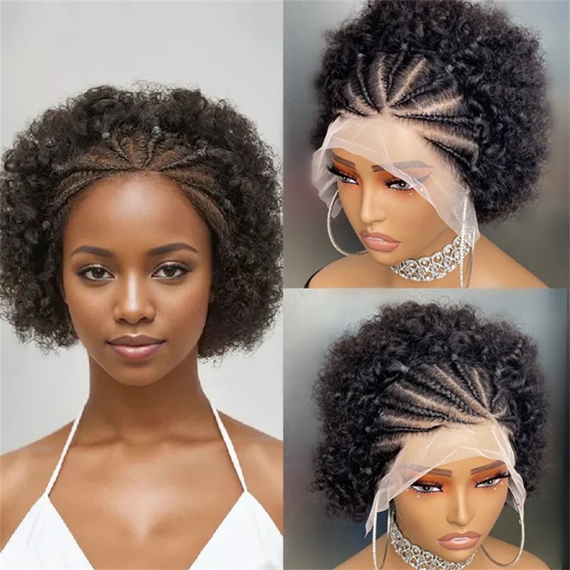 13x4 Lace Front Afro Kort Lockigt Äkta Hår Förfärgat Framtill Flätat Afro Lockigt Äkta Hår Brasilianskt Spänstigt Lockigt Hår_voghion.com