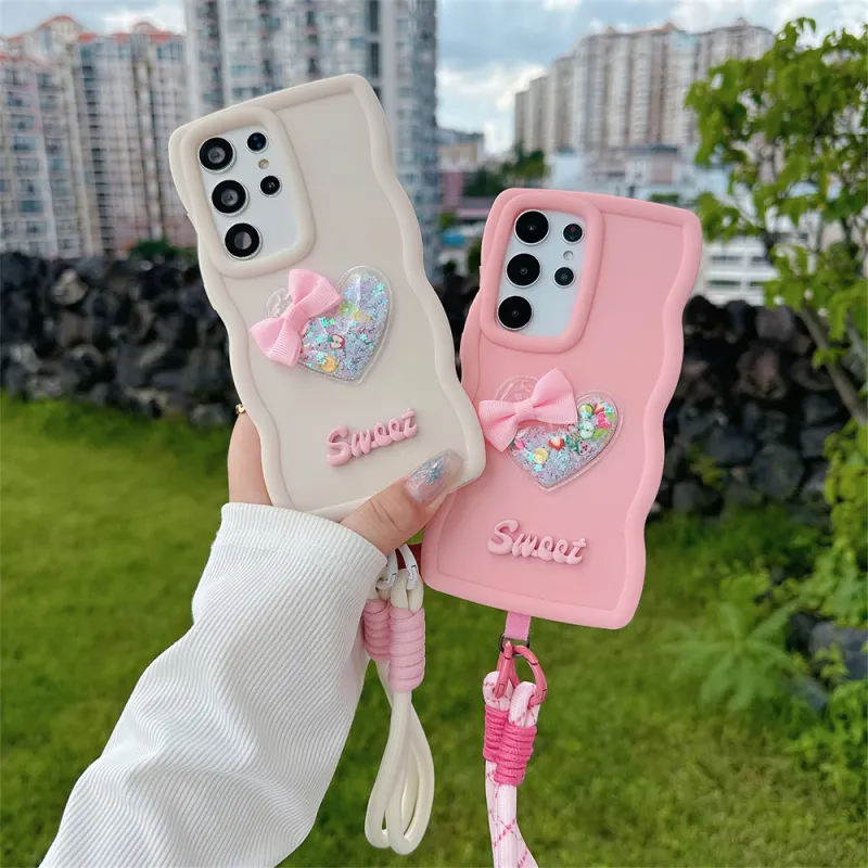 Séiss 3D Schleif Léift Häerz Uebst Lanyard Telefonshülle fir Samsung A15 A25 A35 A54 A55 A34 A14 A13 A53 Wave Candy Summer Cover_voghion.com