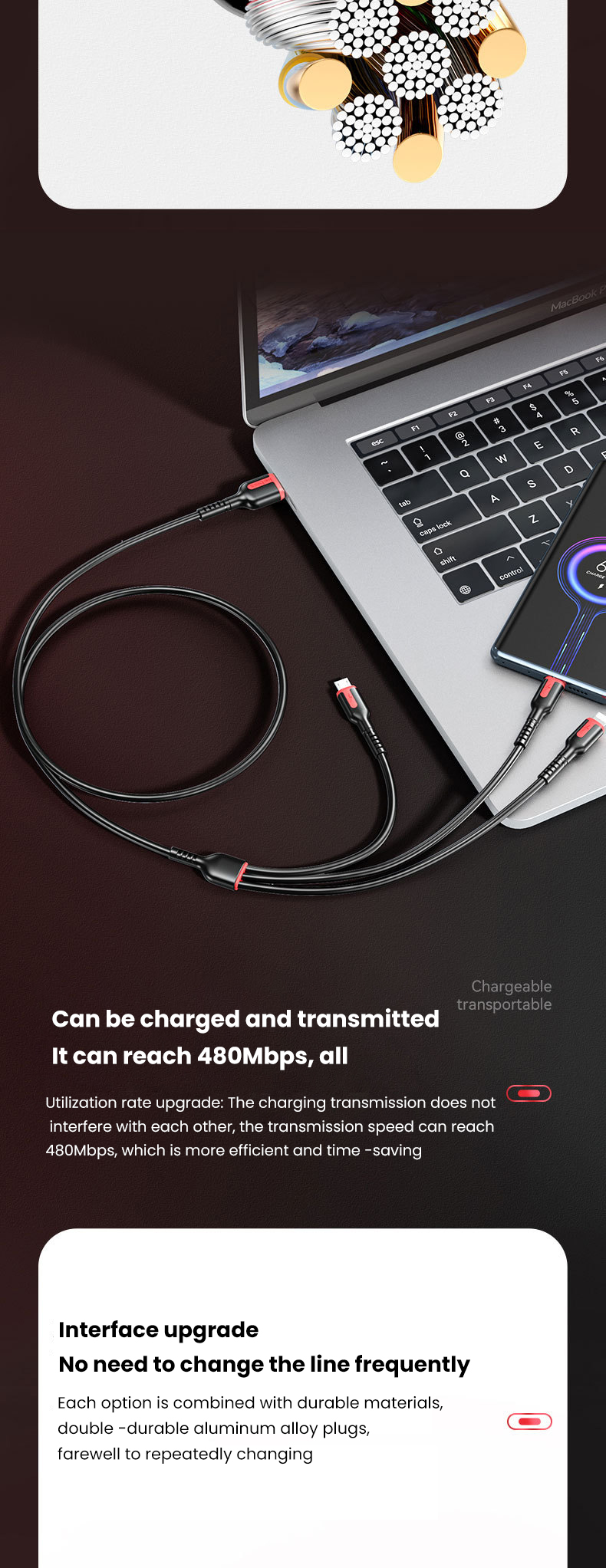 Câble USB C SuperCharge 3 en 1 6A, cordon de données Micro USB type-c à 8 broches, chargeur rapide pour iPhone Samsu able_voghion.com