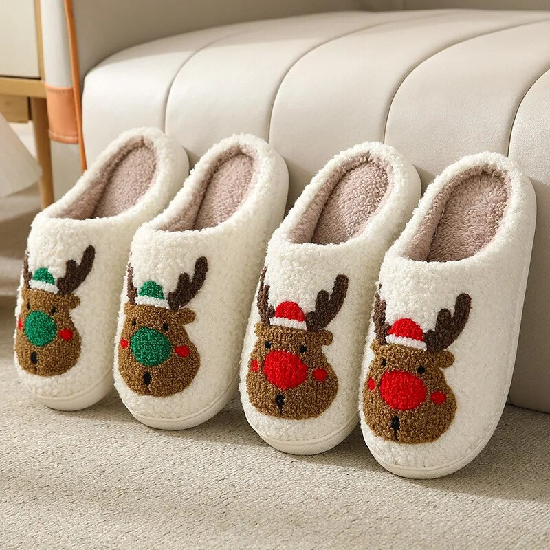 New Christmas Women Elk Cotton House Girl Fur Cute Cushion Slides Bedroom Ladies Men Plush Shoes Winter Slippers_voghion.com