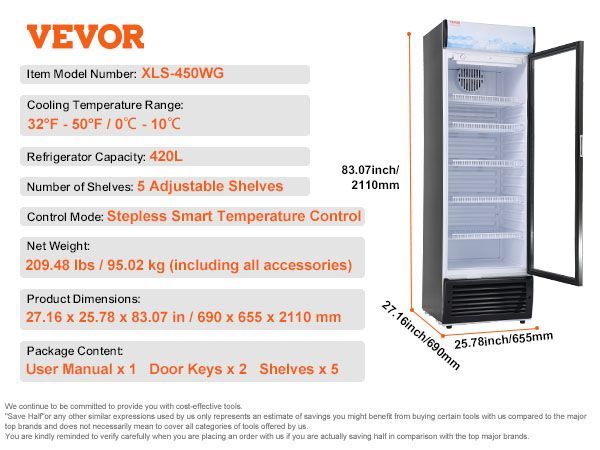 VEVOR Commercial Merchandiser Refrigerator, 14.8 Cu.Ft / 420L Beverage Refrigerator Cooler Merchandiser, Glass Door Display Refrigerator Upright Fridge With 5 Adjustable Shelves, Customizable Lightbox_voghion.com