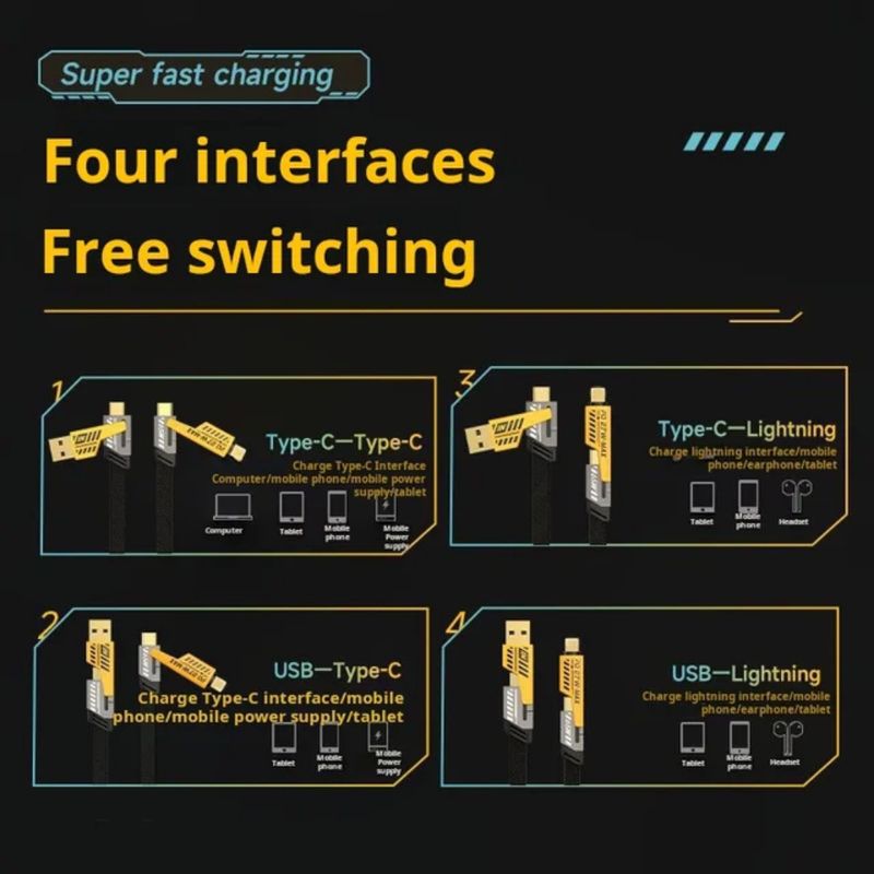 Chargeur ultra rapide 4 en 1, chargeur multifonction pour téléphone portable, câble USB multifonctionnel_voghion.com