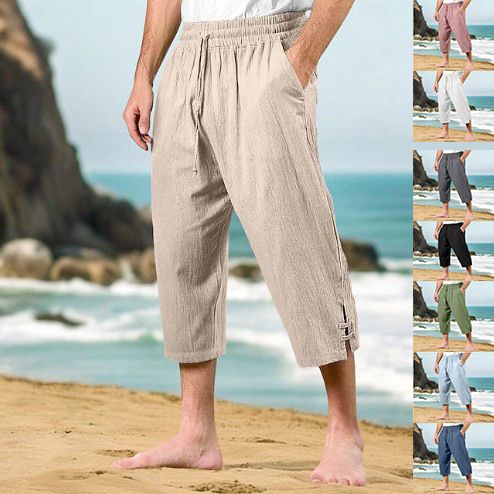 Pantaloni da uomo in cotone e lino, estivi, casual, da spiaggia, con coulisse in vita, elastici, comodi e traspiranti, a gamba dritta_voghion.com
