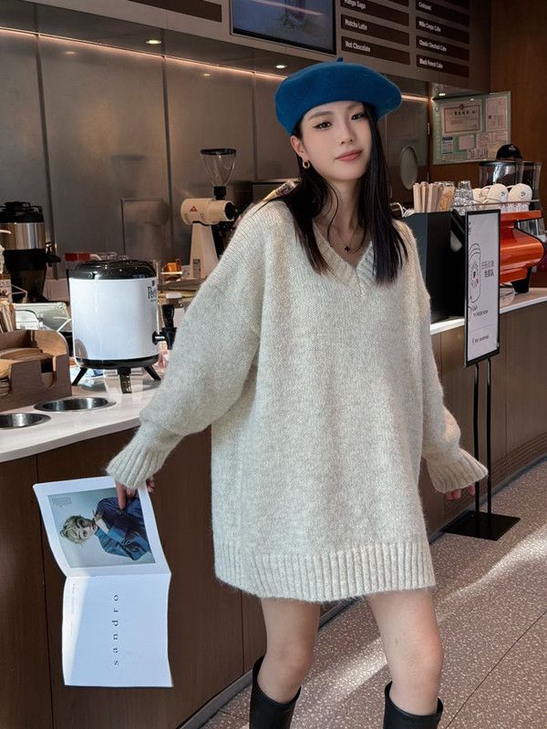 Maglione pullover di media lunghezza con scollo a V, semplice e di alta qualità, in stile coreano, per donna, alla moda, ampio, pigro, versatile_voghion.com