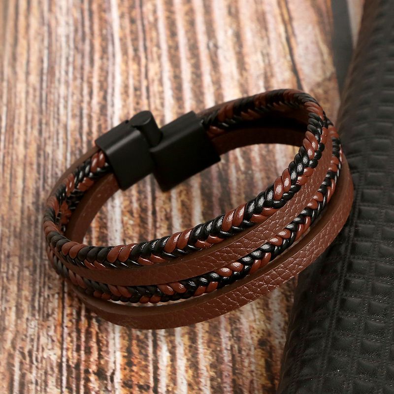 new leather hand woven bracelet men's magnet buckle stainless steel bracelet jewelry women's_voghion.com