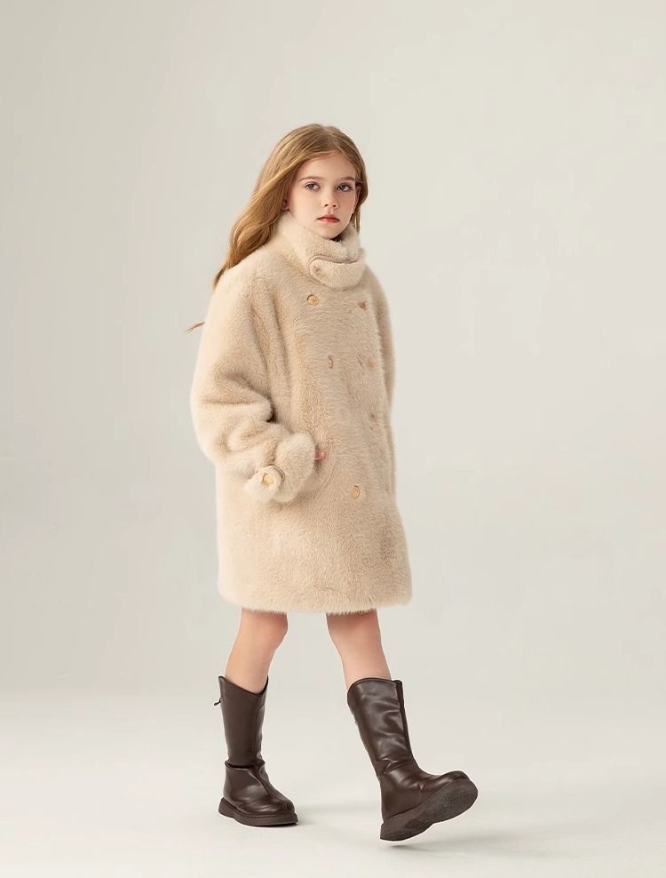 Cappotto invernale per bambine Mother & Kids, foderato in pelliccia sintetica con imbottitura in cotone, collo alto, chiusura con un bottone, caldo capospalla per bambine (120-160 cm)_voghion.com