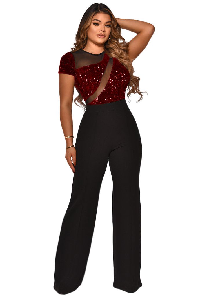 Women's Clothing Sequin Stitching Wide Leg Pants Short Sleeved Jumpsuit_voghion.com