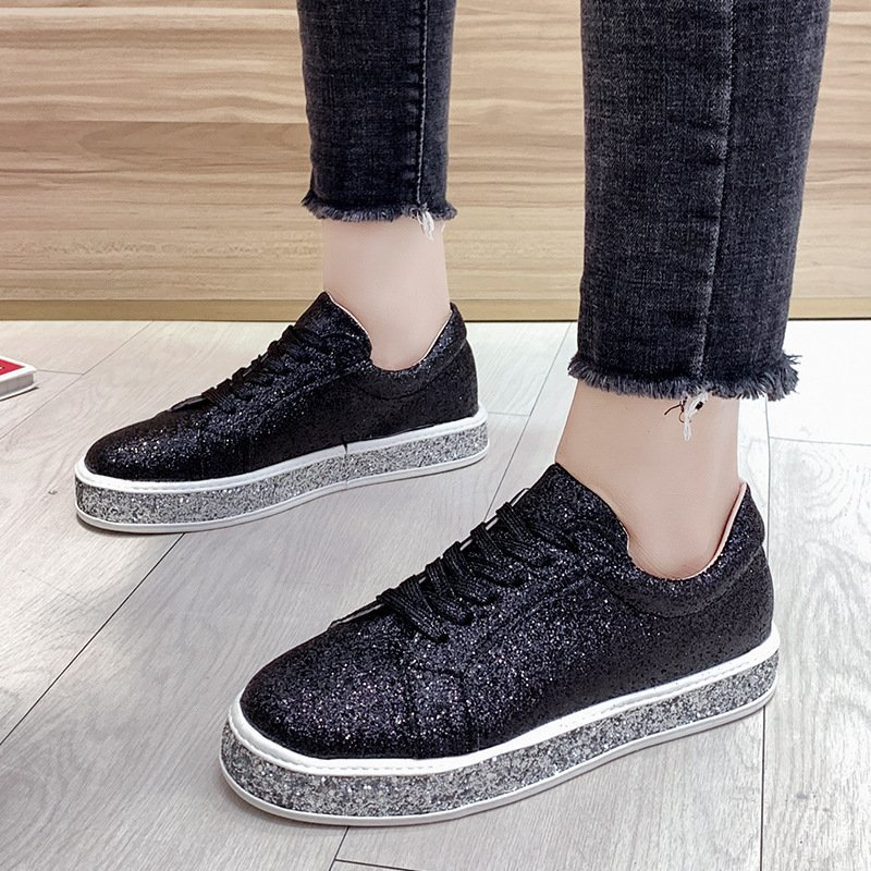 Large size single shoe rhinestone silver glossy lace up casual flat bottomed women's board shoes_voghion.com