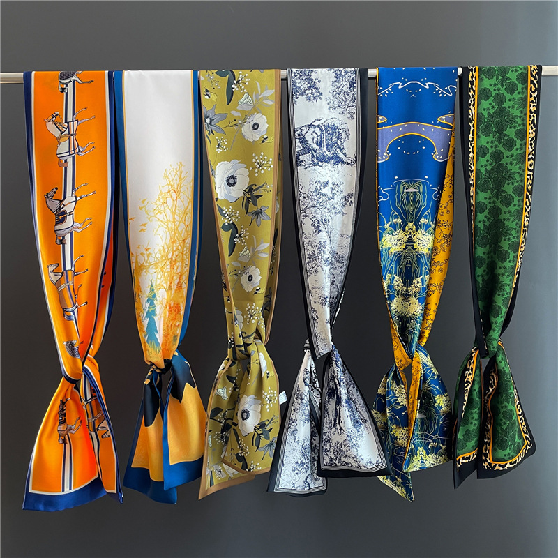 Bandeau pour cheveux étroit, petit et long imprimé Double face, foulards, foulards fins pour femmes, sangles de banderoles, sacs, décorations,_voghion.com