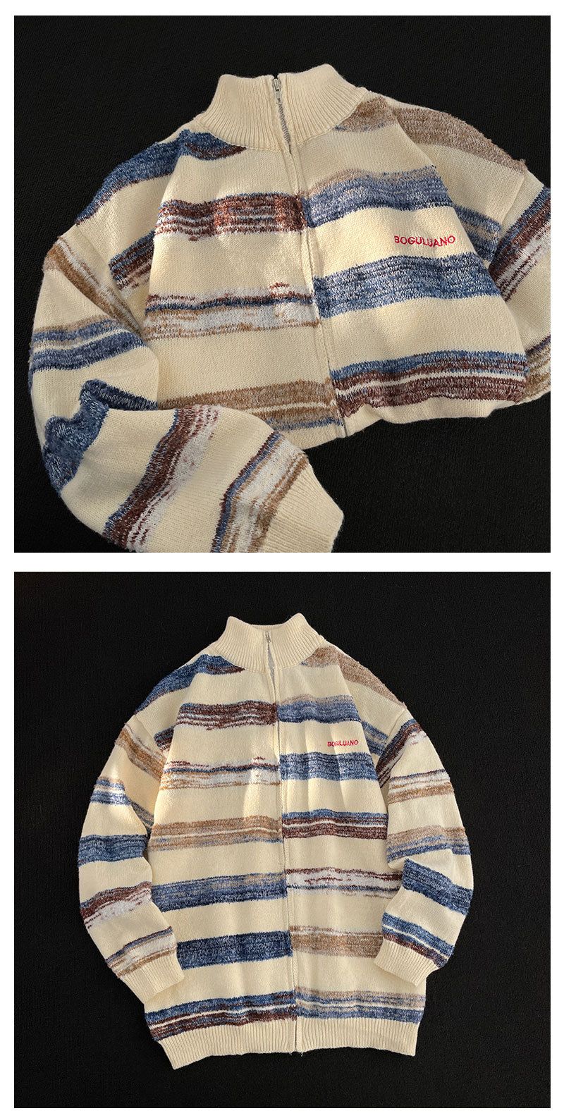 Retro Çizgili Fermuarlı Hırka - Renk Bloklu Yaka ve Vintage Amerikan Estetiğiyle Unisex Sonbahar Örgüsü_voghion.com