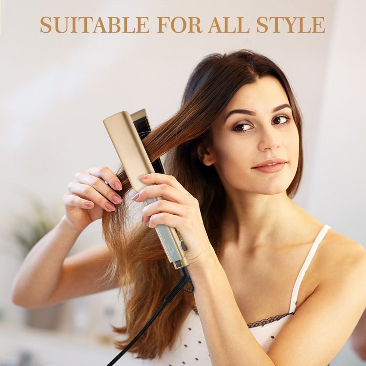 Rucha Ceramic Tourmaline Flat Iron With Wide Plates, 10 Temperature Settings, Dual Voltage (100-240V), Gold EU Plug_voghion.com