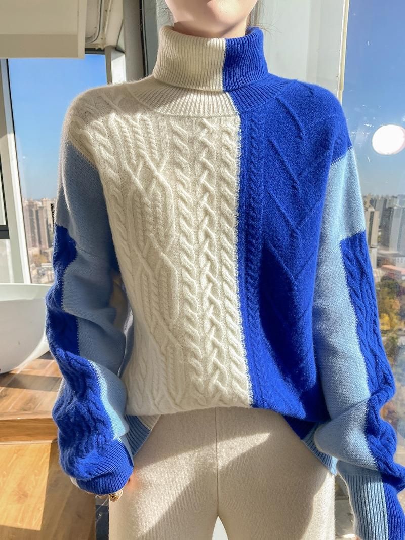 Maglione dolcevita da donna in maglia a trecce spesse – Pullover invernale spesso con motivo color block (S/M/L/XL)_voghion.com