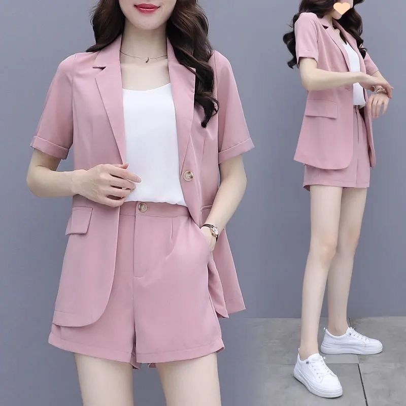 Petit ensemble trois pièces pour femme, blazer, short à manches courtes, style coréen, tenue professionnelle décontractée, polyvalente_voghion.com