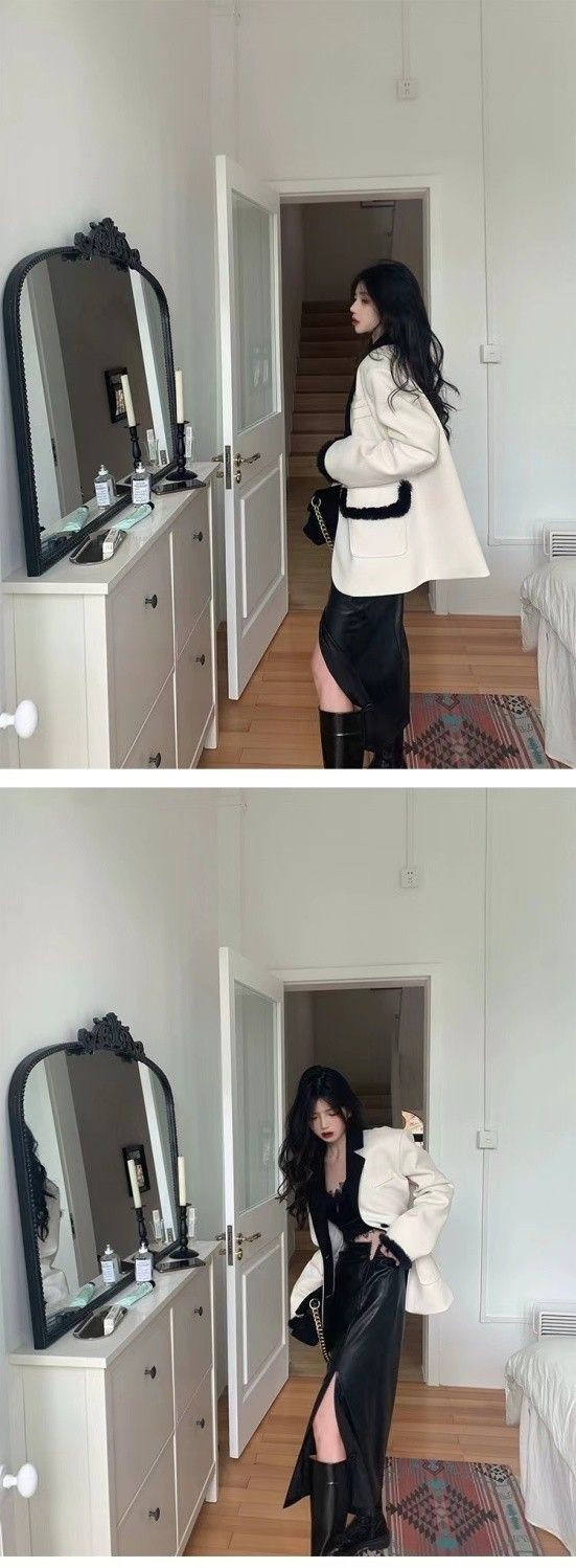 High-End-Kragen Blazer Frauen Schwarz Und Weiß Patchwork Casual Anzug Split Leder Rock Zwei-Stück Set_voghion.com