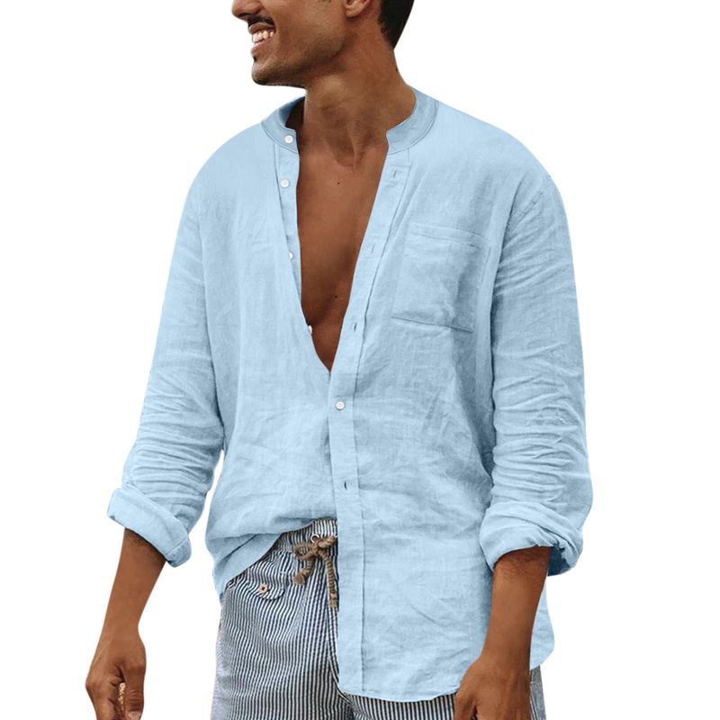 Camicia da uomo ampia a maniche lunghe in cardigan con colletto alla coreana in lino tinta unita_voghion.com