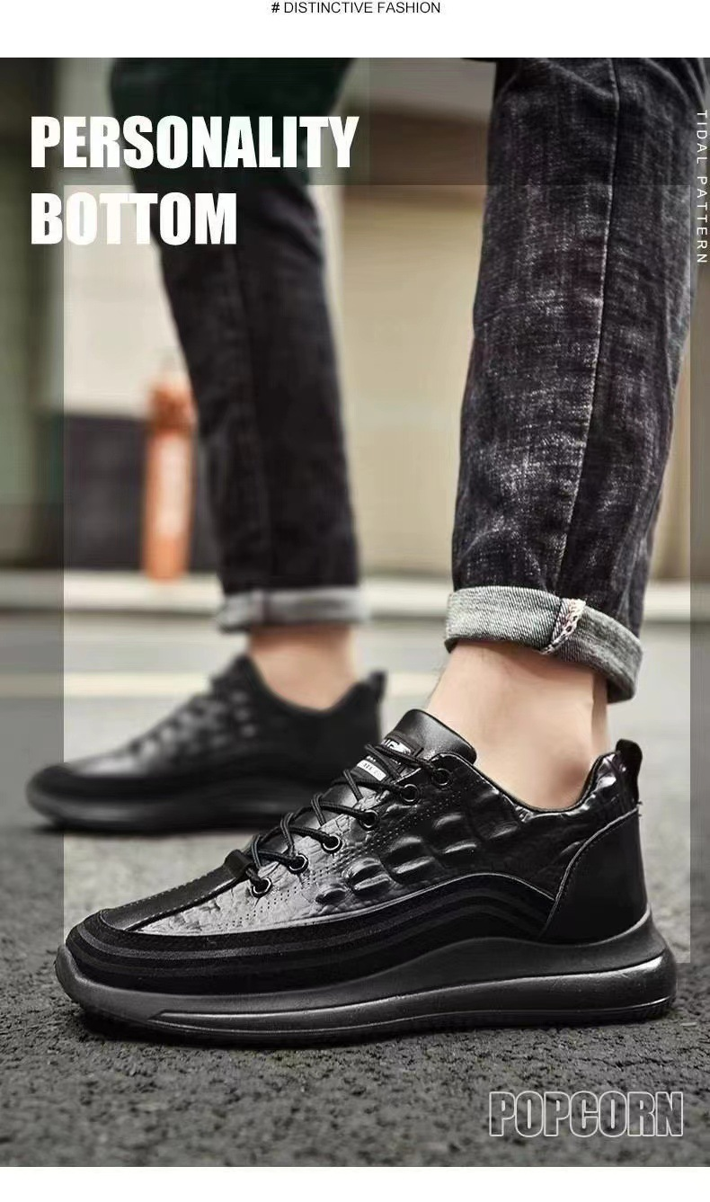 2024 Spring New Crocodile Pattern Leather Casual Trendy Elevated Bottom Lacing Men's Shoes_voghion.com
