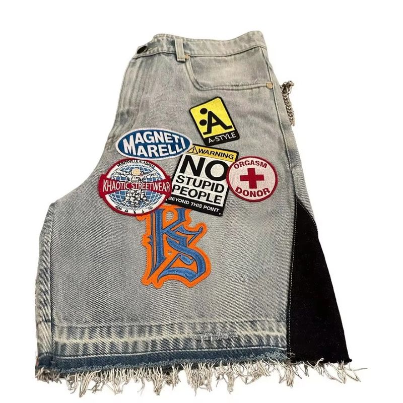 Streetwear Fiess Baggy Denim Männer Frauen Haruku Hip Hop Cartoon Grafik Patch Jean Shorts Gothic Retro Blau Kurze Hosen_voghion.com