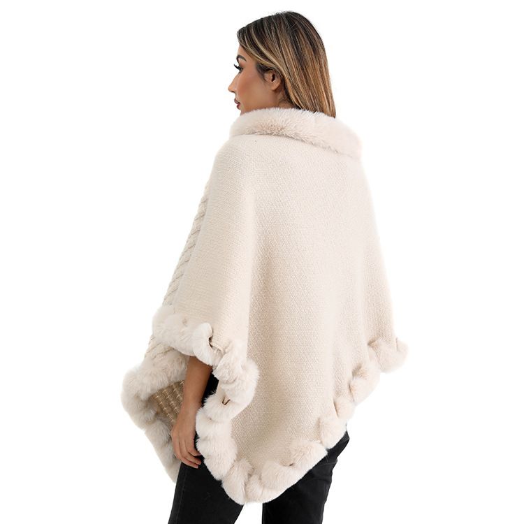 Women's Shawls Autumn And Winter New Imitation Rex Rabbit Fur Collar Pullover Shawl Irregular Large Size Knitted Cloak Loose Knitted Coat For Women_voghion.com