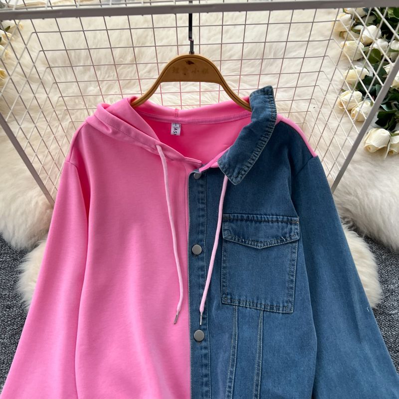 Casual Suit For Women Fashionable Design Splicing Hooded Sweatshirt High Waist Denim Splicing Wide Leg Pants Two Piece Set_voghion.com