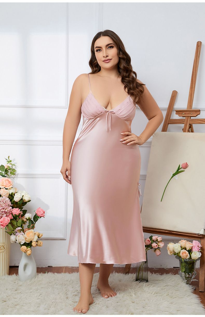 Langes Sommernachthemd aus Eisseide für Damen in Übergröße, Homewear im Hosenträgerstil, bequeme und schöne Koexistenz_voghion.com