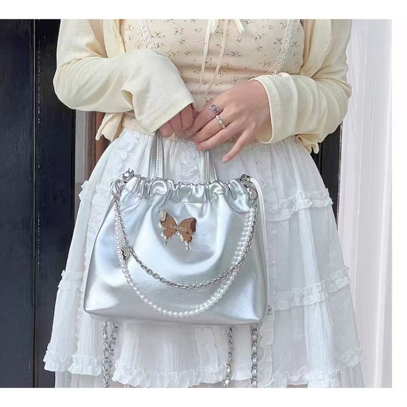 Zilveren vlinder lente en zomer nieuwe vloed mode Koreaanse parelketting rugzak multifunctionele handtas mode veelzijdig casual dagelijks eenvoudig_voghion.com