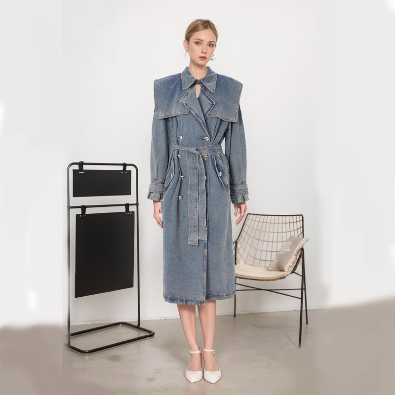 Damen-Jeans-Trenchcoat – Mittellange blaue Jacke mit taillenbetontem Revers (S/M/L/XL)_voghion.com