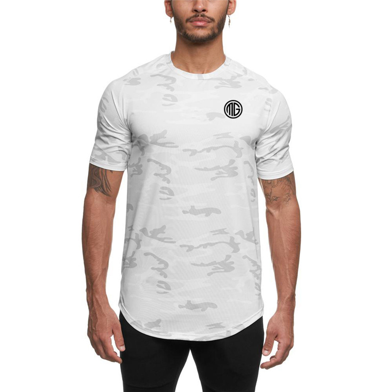 Mallas deportivas, traje de fitness de manga corta para hombre, de secado rápido y transpirable, top de camuflaje para entrenamiento de carrera, verano_voghion.com