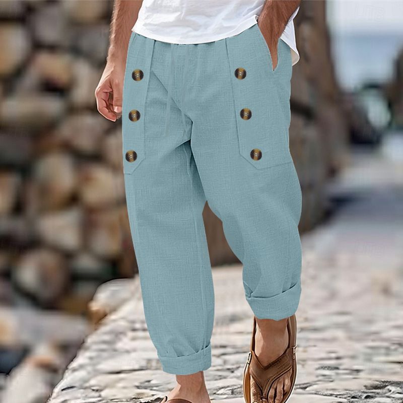 Abbigliamento Uomo Casual Spiaggia Pantaloni Casual Uomo Multi Bottone Cotone e Lino Larghi_voghion.com