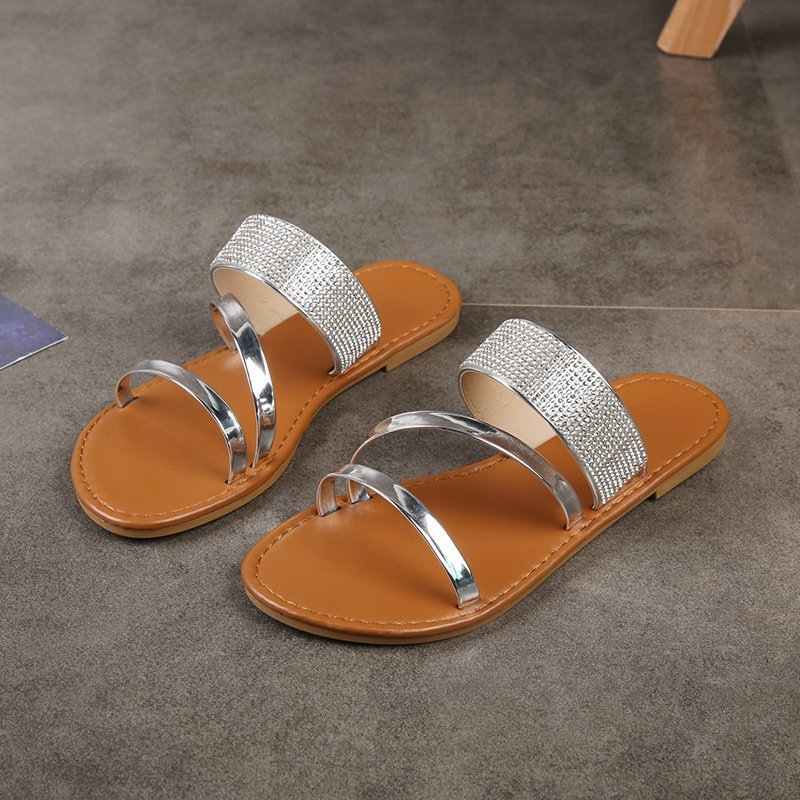 Pantofi de damă cu fund plat, sandale și papuci de plajă casual cu strasuri, pentru femei_voghion.com