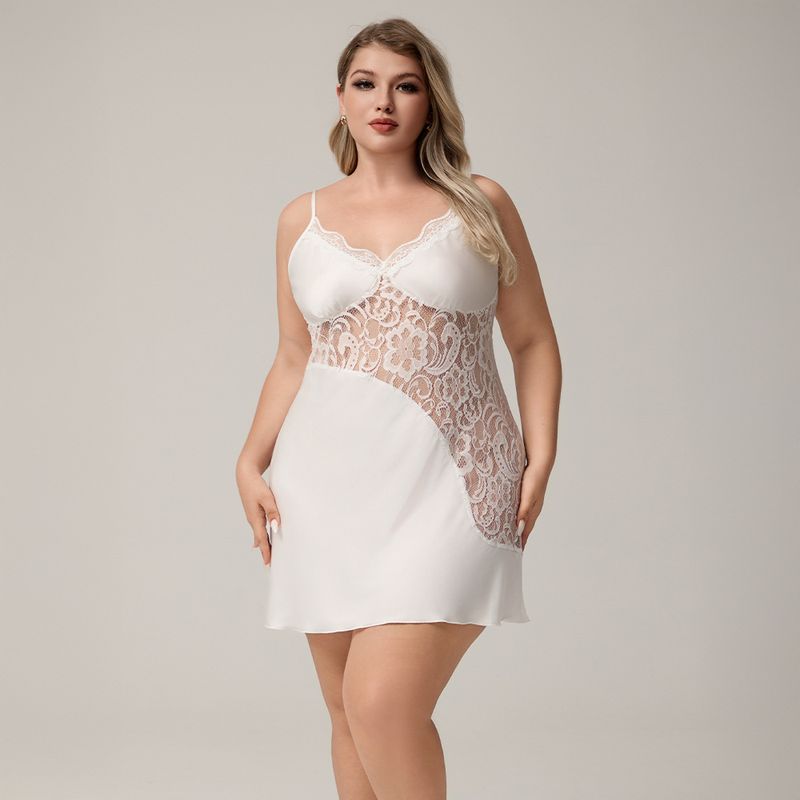 Large Size Suspender Women's Pajamas Satin Sexy Lace Pajamas V-Neck Loungewear_voghion.com