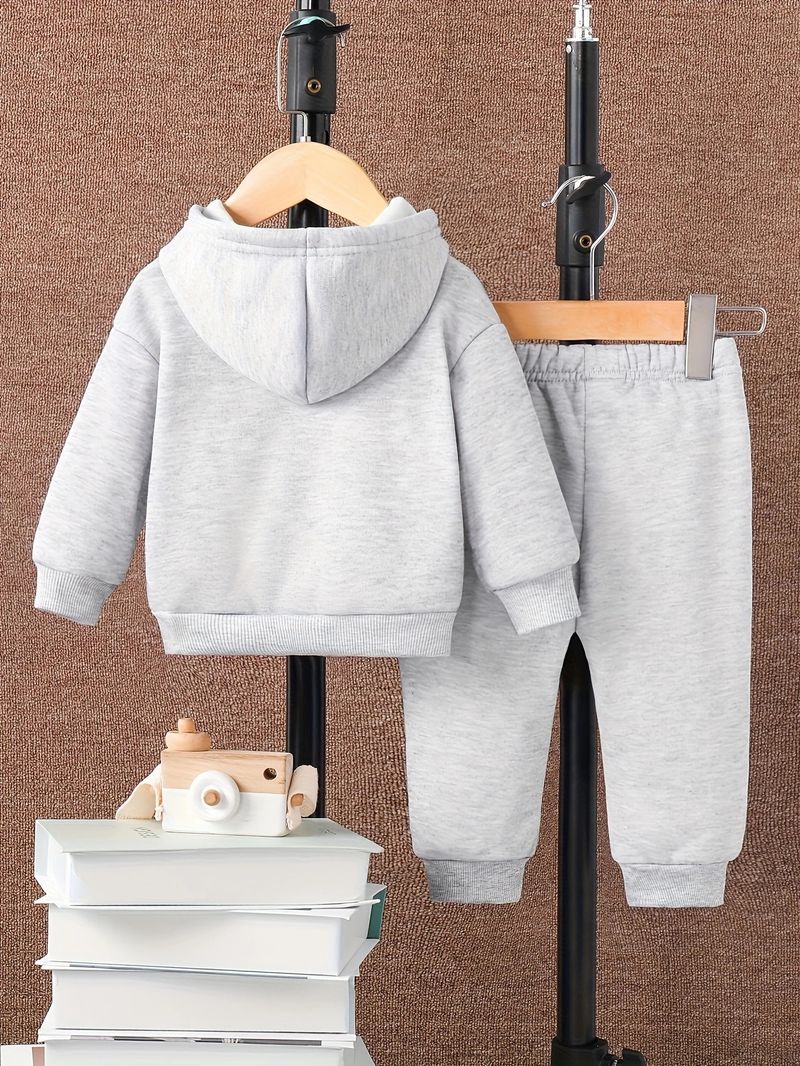 "Royal Crown Print Hooded Fleece Tracksuit Set For Baby Boys (1-3 Years) - Soft Polyester Long Sleeve Top & Pants, Winter/Spring/Fall Outfit"_voghion.com