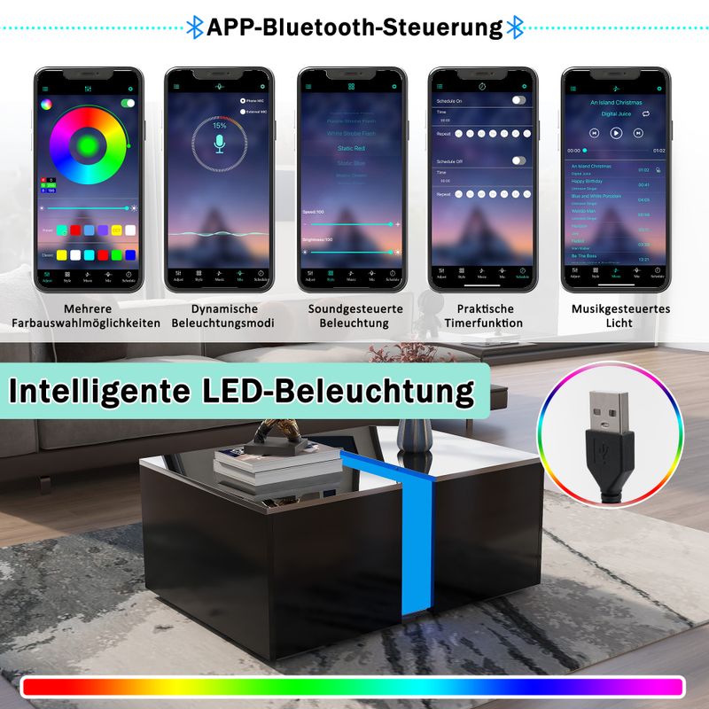 Haute luminosité Couchtisch Mit Fernbedienung 16 Farben LED Lichter, Versenkbares Fach, LED Sofa Ablagetisch Für Wohnzimmer, 73*60*34cm Hochglanz Schwarz_voghion.com