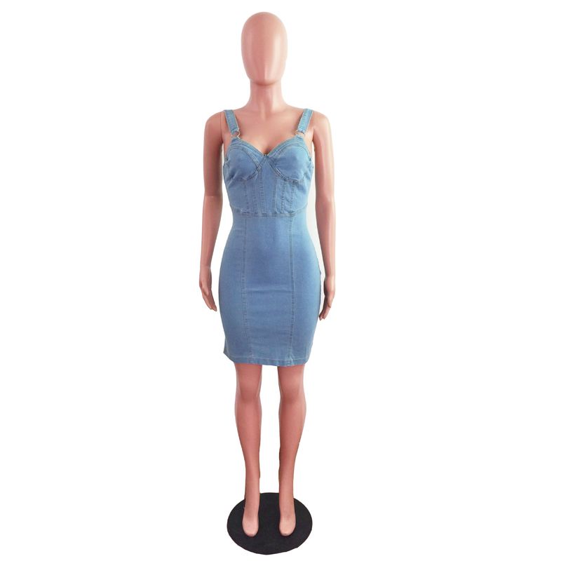 Abito in denim con spacco con gonna all'americana in denim sexy alla moda da donna_voghion.com