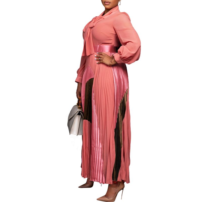 Großes Damenkleid im Herbst 2024, Neuheit mit Schnürung, Plissee, langen Ärmeln, Farbblock, elegantes Kleid mit Temperament_voghion.com