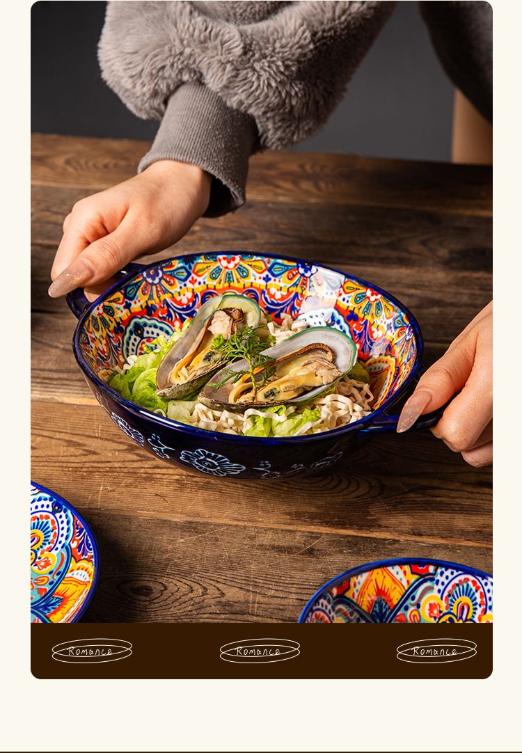 Bohemian Ceramic Dinnerware Set - Underglaze Hand-Painted Bowls & Plates With Handles Vintage Style For Home & Restaurant_voghion.com