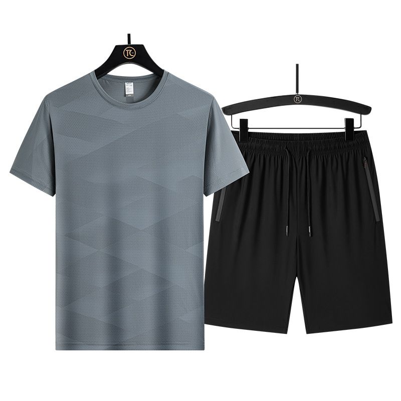 Conjunto de nailon y seda de hielo para hombre, combinado con pantalones cortos Five Cent de manga corta para negocios, absorbe el sudor y es transpirable._voghion.com