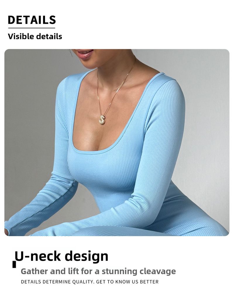 Dropshipping transfronterizo Otoño Invierno Clásico Una Pieza Manga Larga Pantalones Largos Mujer Acanalados Ajustados Altos Elásticos Fitness_voghion.com