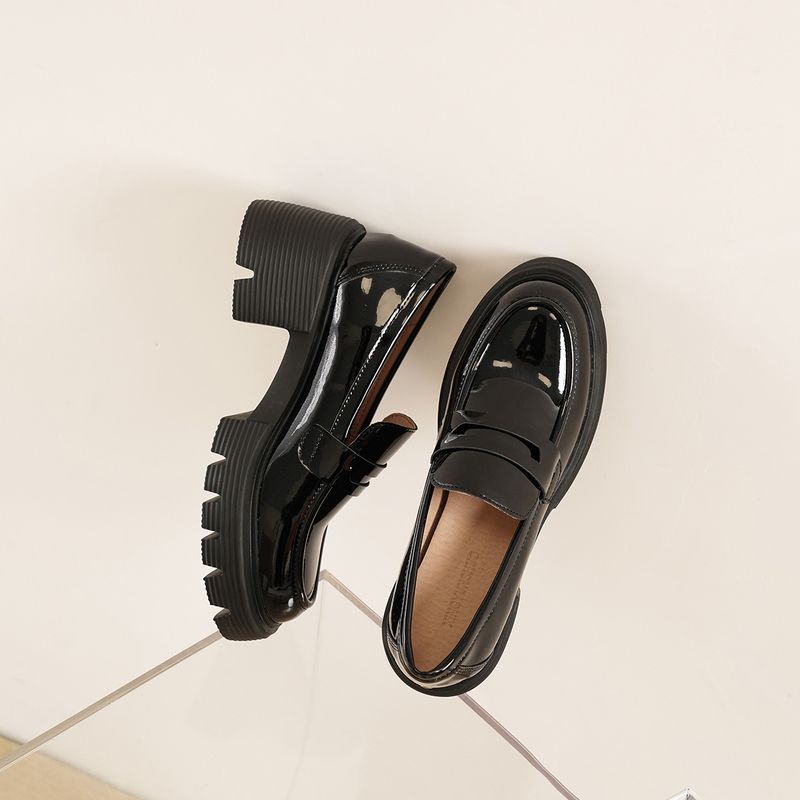 Cowhide Thick-Soled Chunky Heel Loafers For Women, British Style Slip-On Lazy Platform Shoes, Small Leather Shoes To_voghion.com