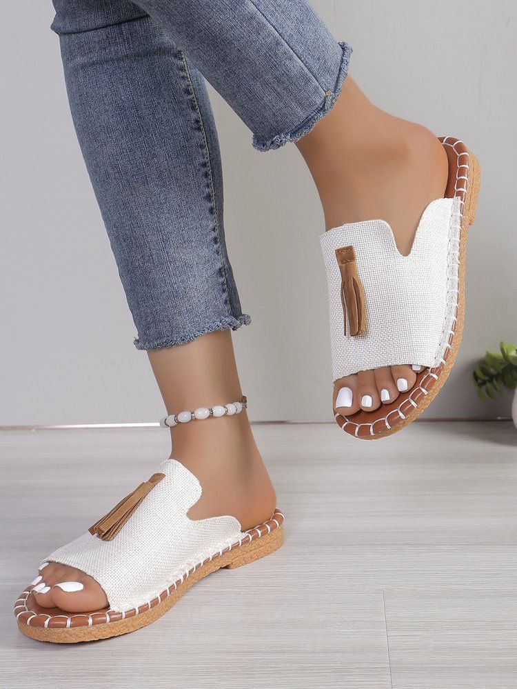 Women's Shoes Large Size Tassel Flat Bottomed One Strap Slippers Summer Outing Beach Women's Shoes_voghion.com