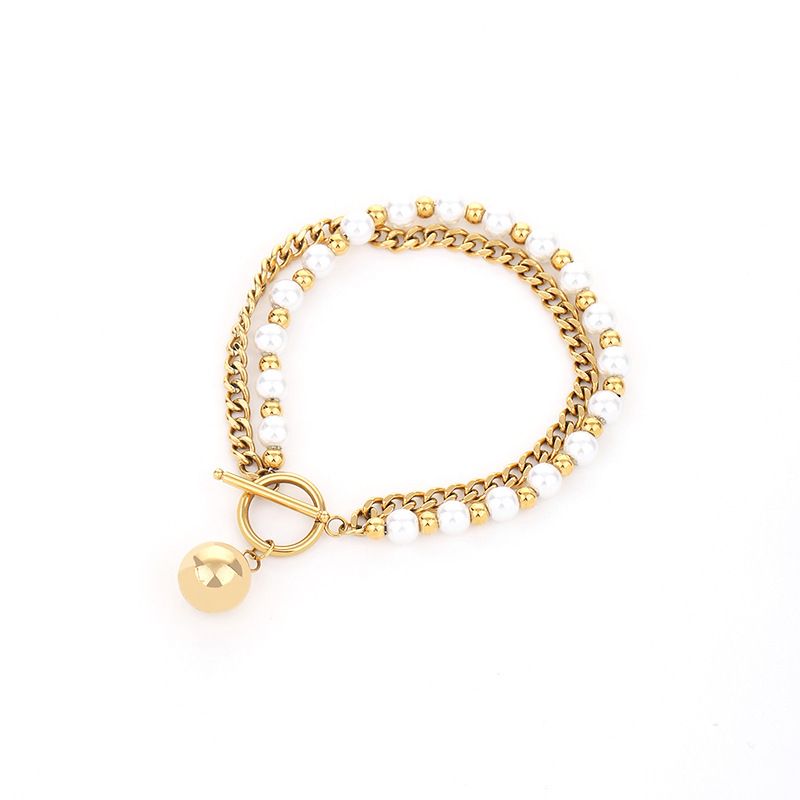 Gute New Trend Cuban Pearl Double Layer Necklace Bracelet Heart Ring Earrings Titanium Steel Non-Fading Set_voghion.com