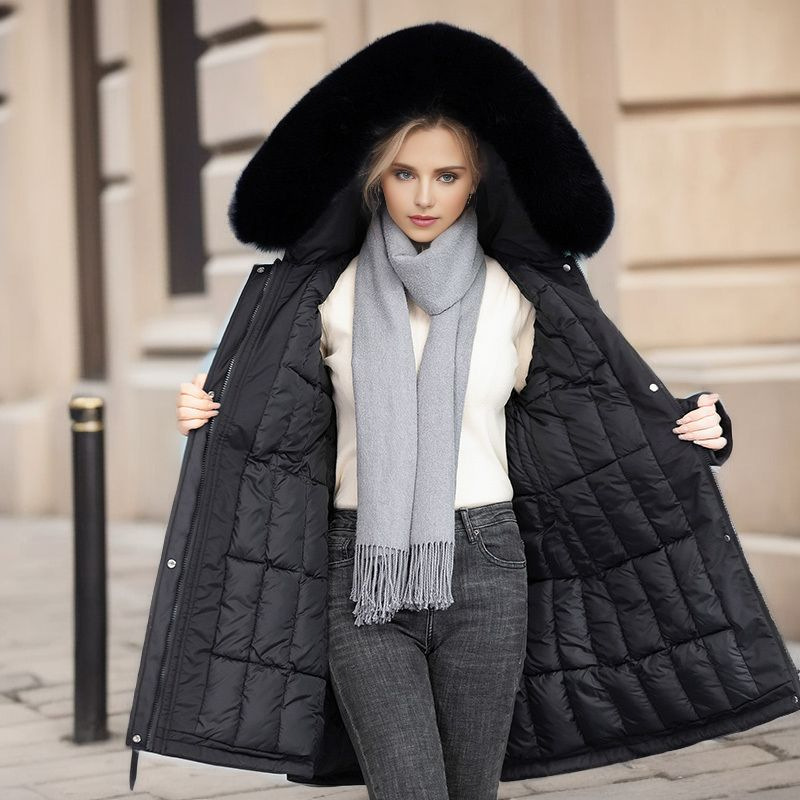Giacca a vento lunga e slim da donna in autunno e inverno, nuovo collo in pelliccia foderata in cotone staccabile_voghion.com